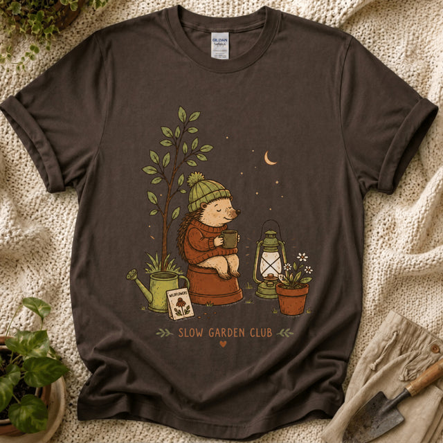Cozy Hedgehog Garden Club T-Shirt - Zen & Zucchinis garden graphic tee