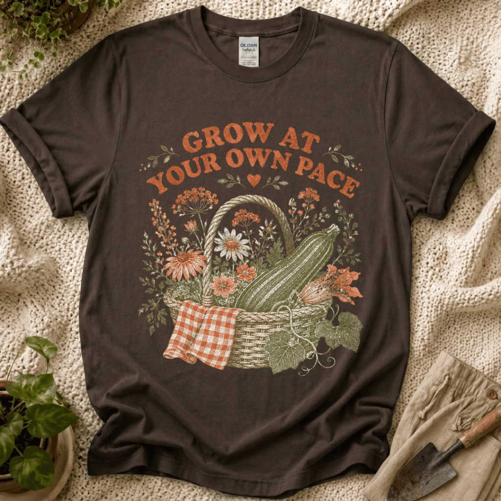 Grow at Your Own Pace Zucchini Basket T-Shirt by Zen & Zucchinis Slow Garden Club