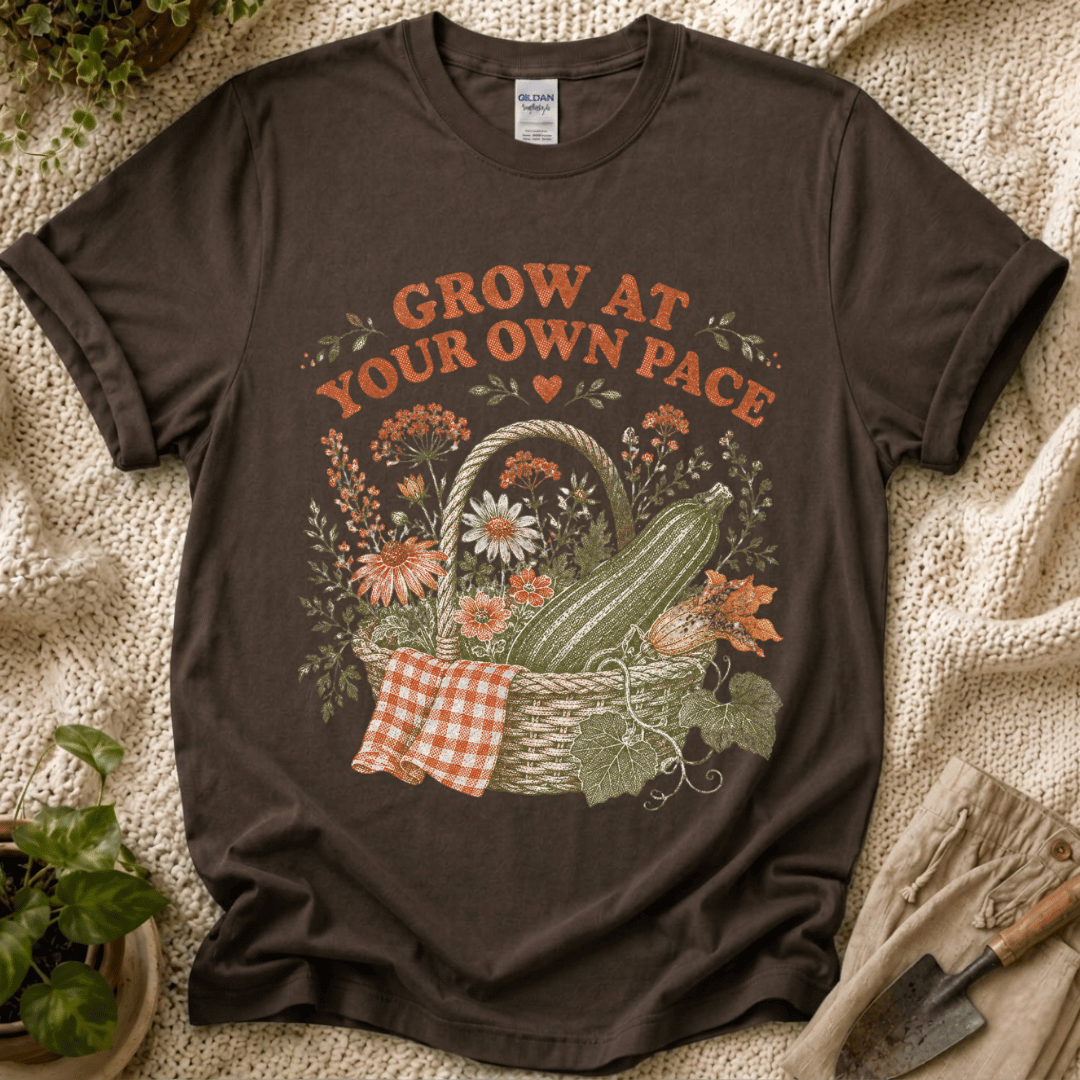 Grow at Your Own Pace Zucchini Basket T-Shirt by Zen & Zucchinis Slow Garden Club