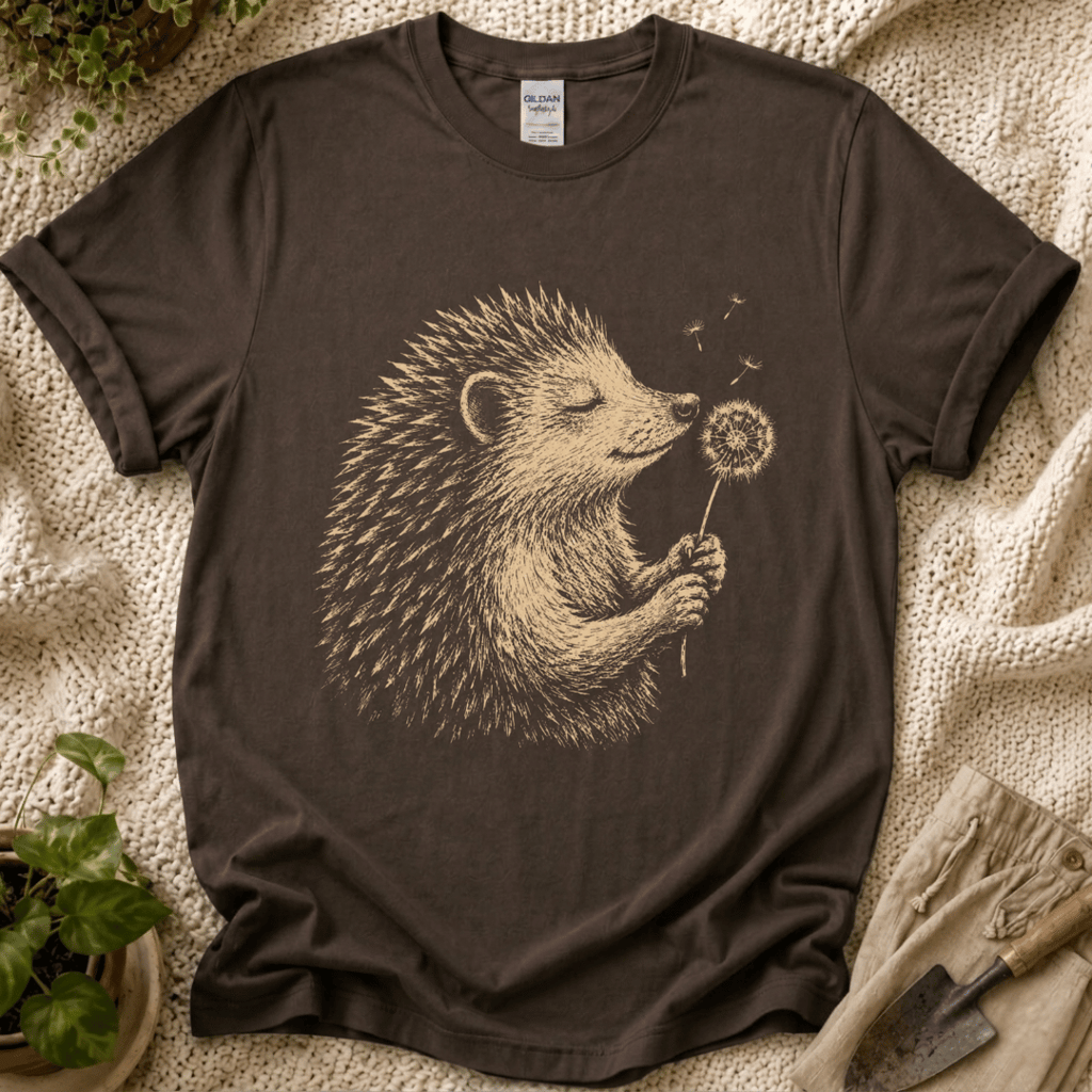 Hedgehog Enjoys Dandelion Spring Garden T-Shirt by Zen & Zucchinis Slow Garden Club