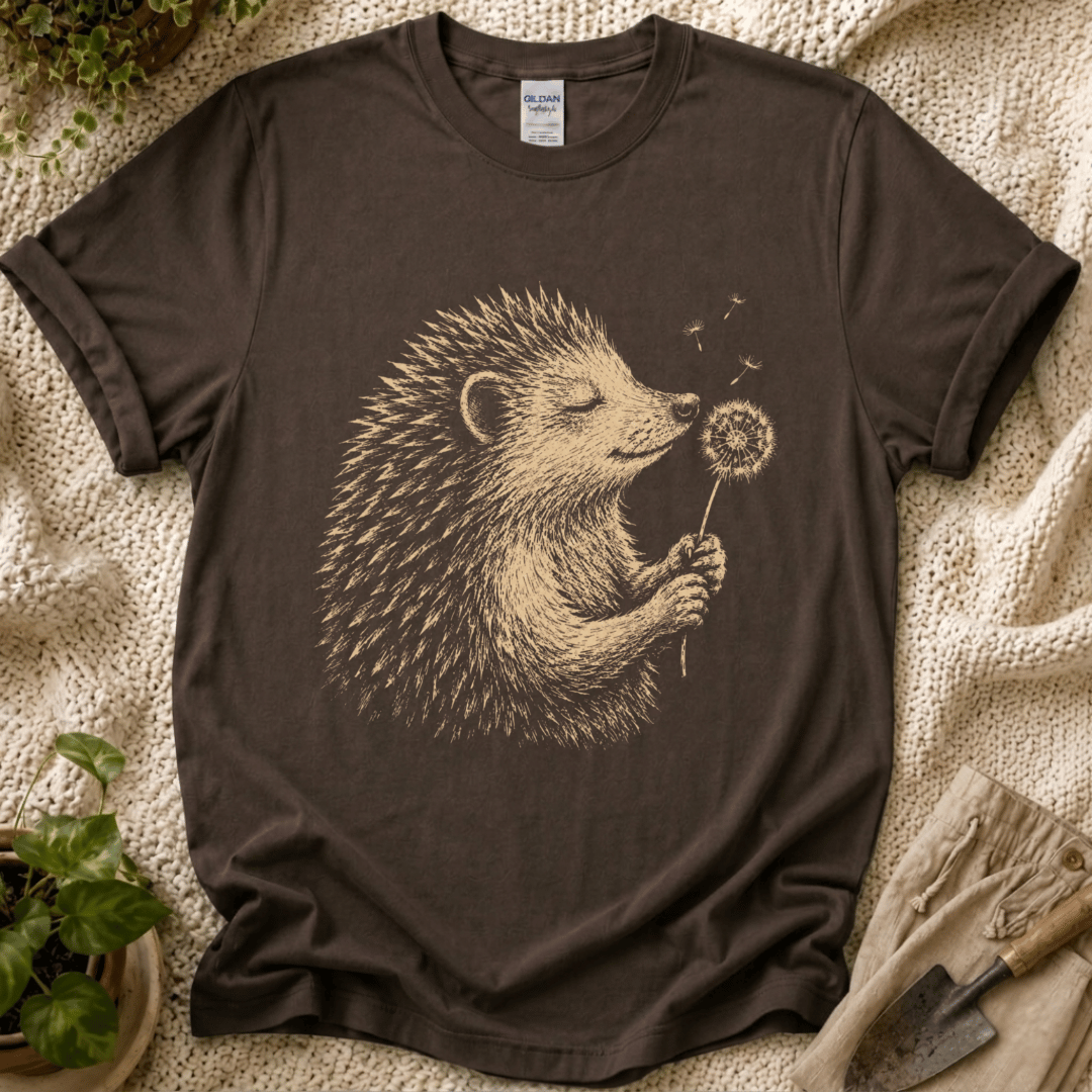 Hedgehog Enjoys Dandelion Spring Garden T-Shirt by Zen & Zucchinis Slow Garden Club