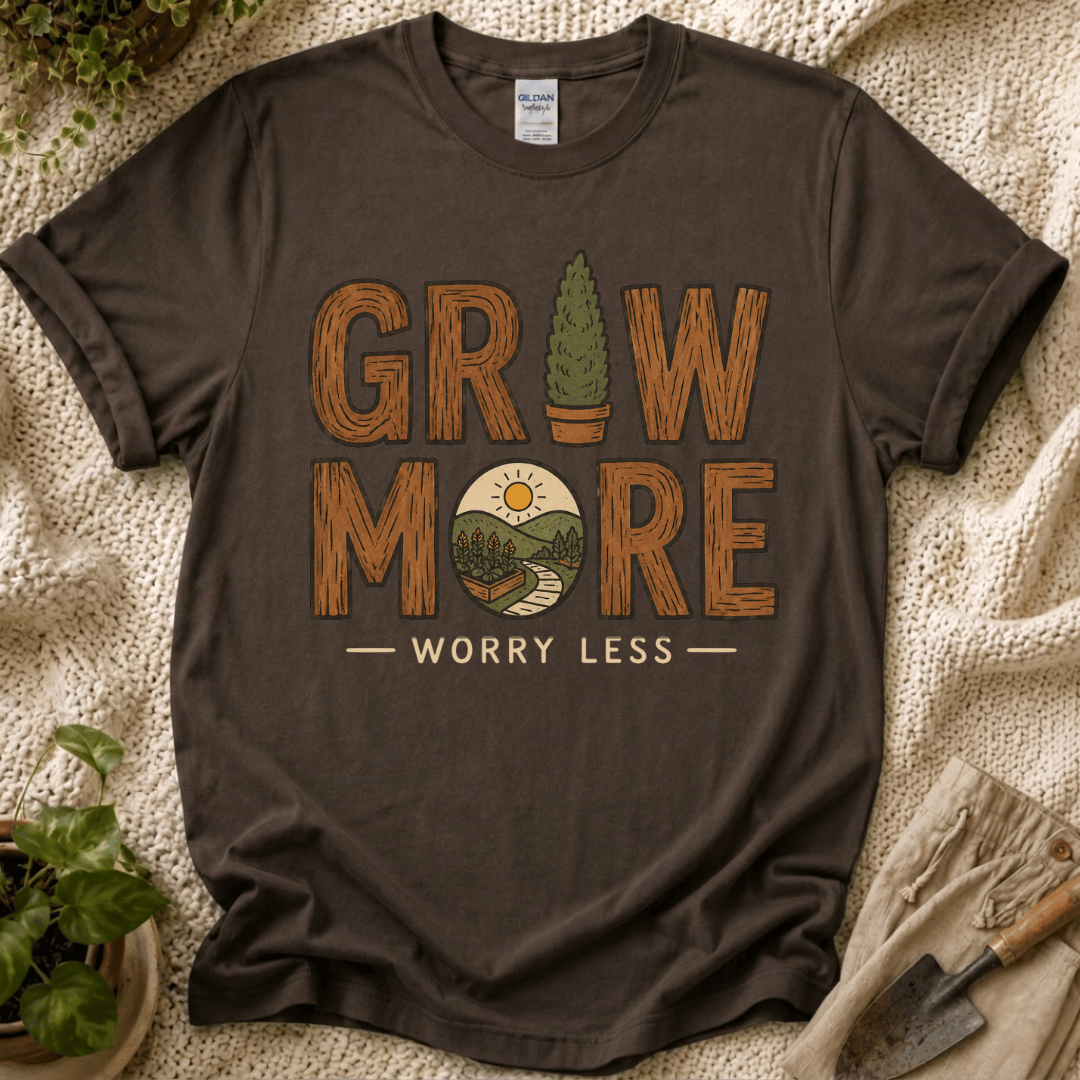 Grow More, Worry Less Garden T-Shirt by Zen & Zucchinis Slow Garden Club