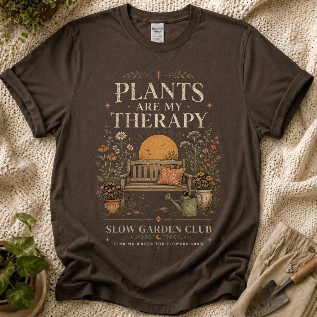 Plants Are My Therapy Sunset T-Shirt by Zen & Zucchinis Slow Garden Club