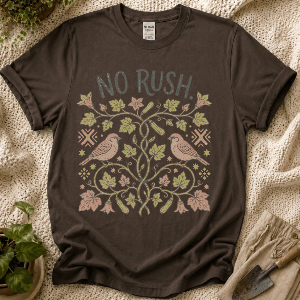 No Rush Zucchini Vine Garden T-Shirt by Zen & Zucchinis Slow Garden Club
