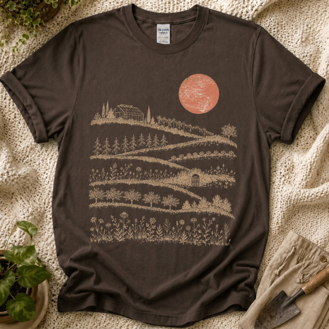 Red Sunset Over Garden T-Shirt by Zen & Zucchinis Slow Garden Club