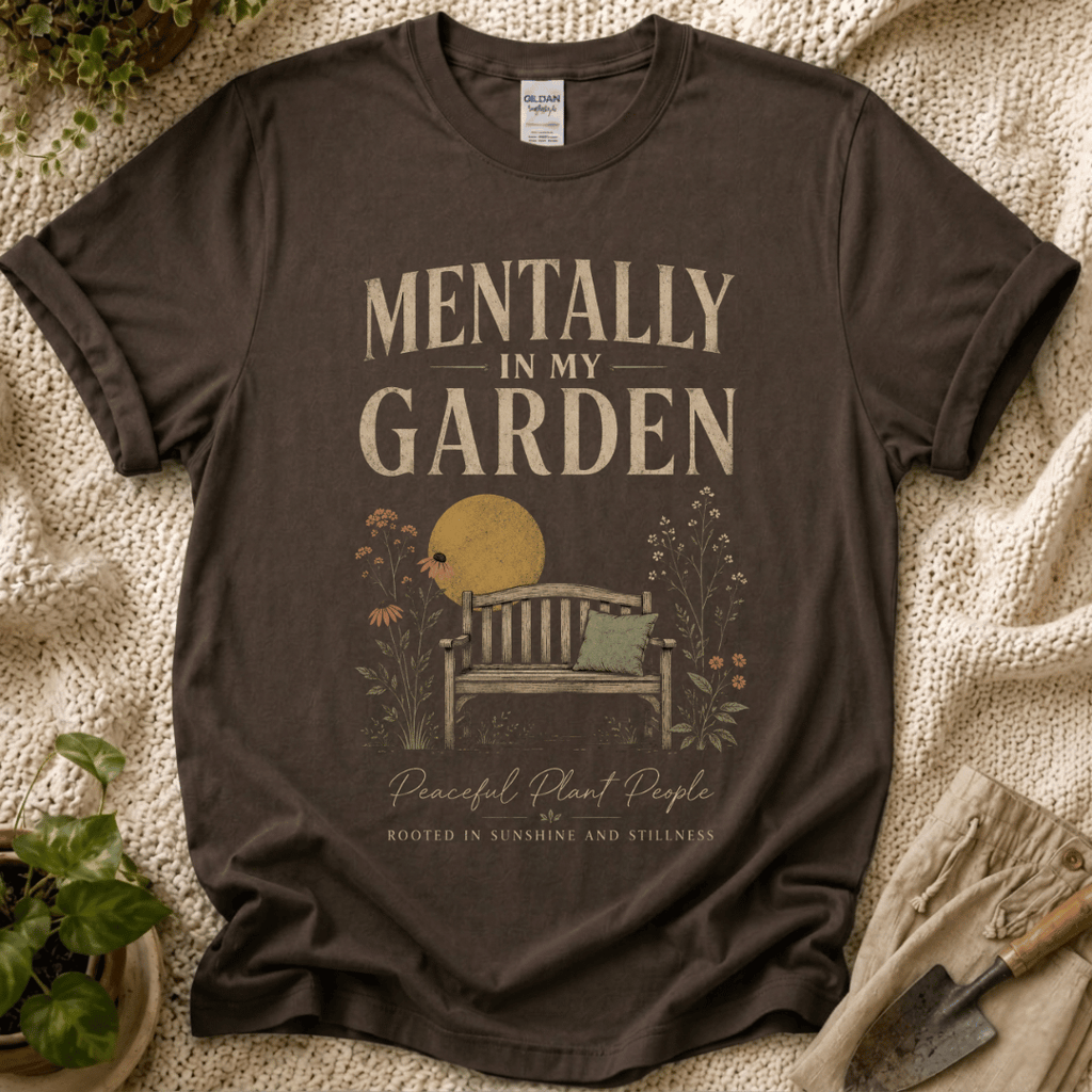 Mentally in My Garden Sunset Garden Bench T-Shirt by Zen & Zucchinis Slow Garden Club