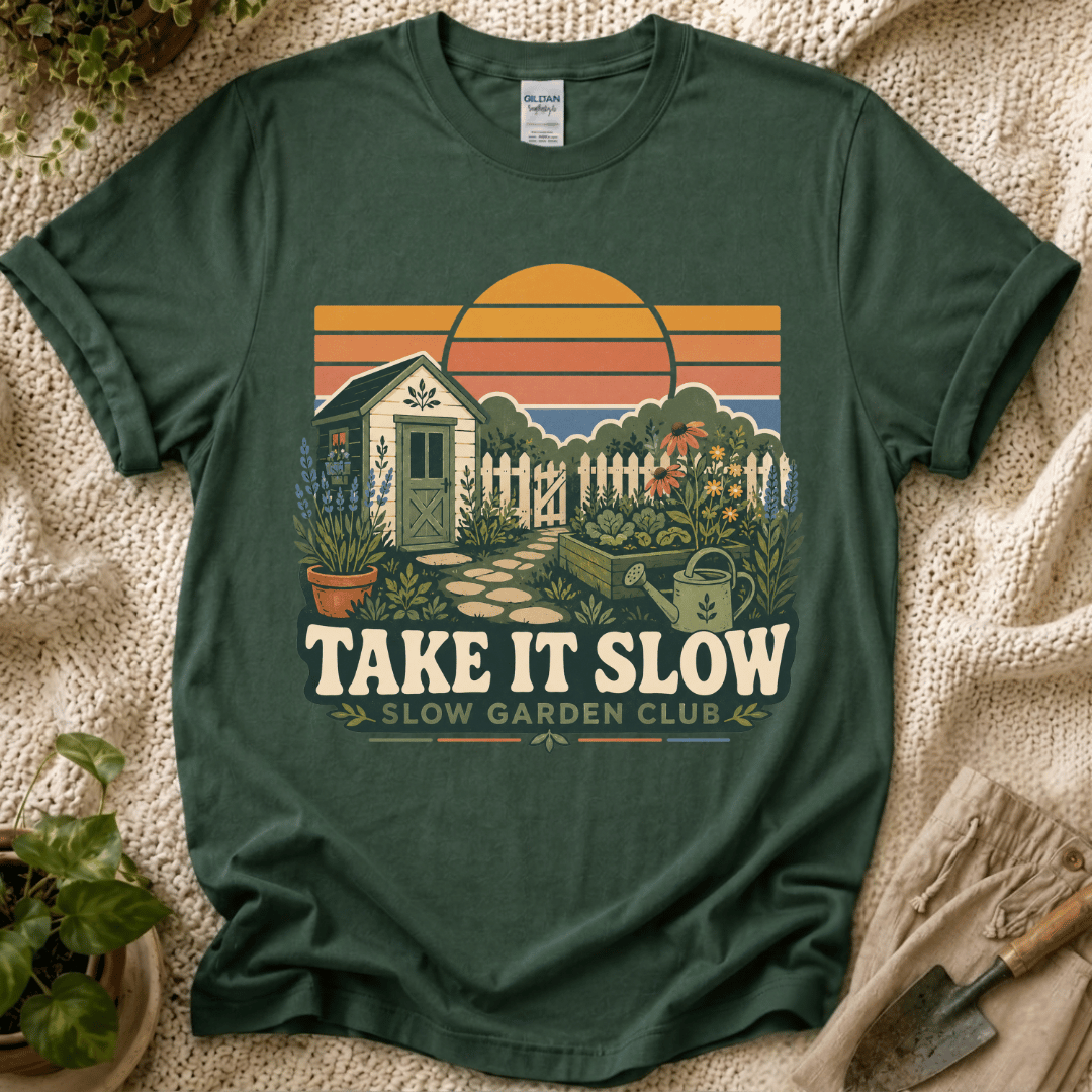 Take It Slow Garden Sunset T-Shirt - Zen & Zucchinis garden graphic tee