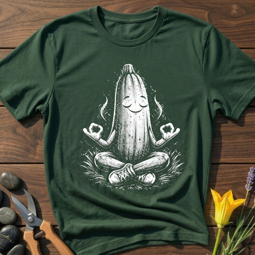 Meditating Zen Zucchini T-Shirt - botanical nature graphic t-shirt, minimalist design, unisex tee for Nature Lovers, Garnder, Farmer, Plant Lovers