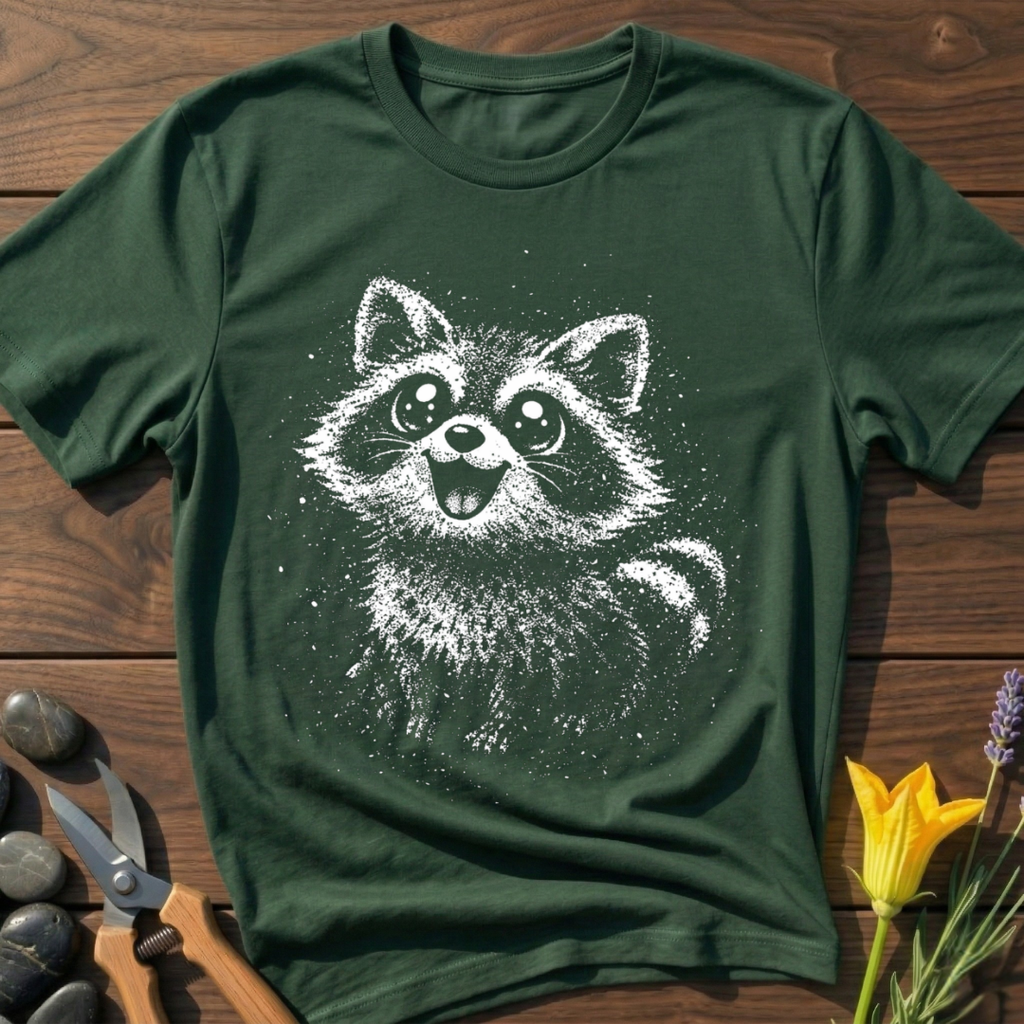 Racoon Happy T-Shirt - botanical nature graphic t-shirt, minimalist design, unisex tee for Nature Lovers, Garnder, Farmer, Plant Lovers
