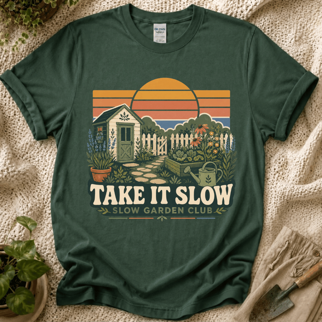 Take It Slow Garden Sunset T-Shirt - Zen & Zucchinis garden graphic tee