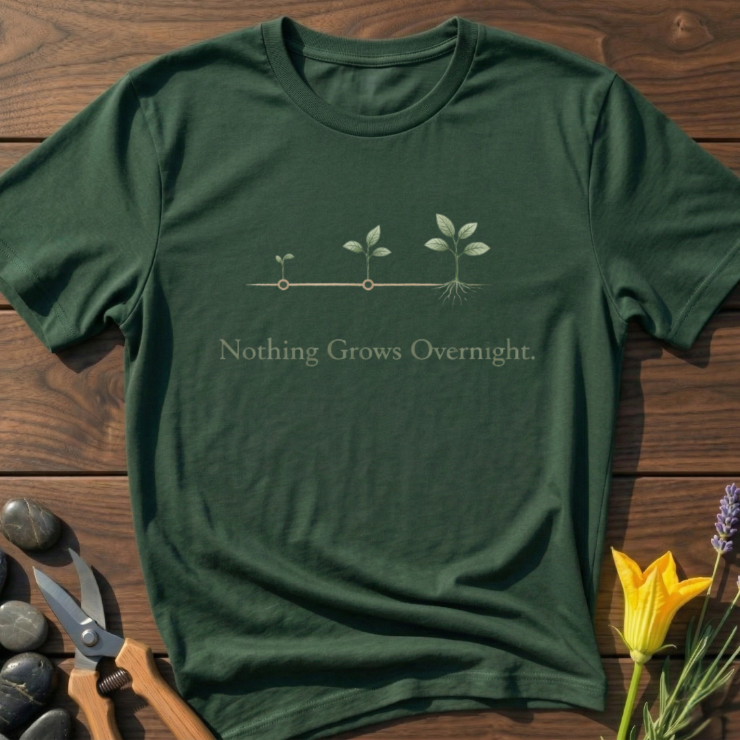 Nothing Grows Overnight T-Shirt - botanical nature graphic t-shirt, minimalist design, unisex tee for Nature Lovers, Garnder, Farmer, Plant Lovers