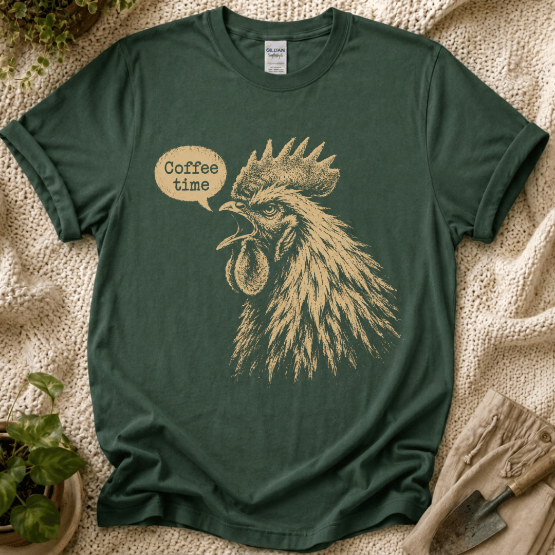 Coffee Time Cottage Garden Rooster T-Shirt by Zen & Zucchinis Slow Garden Club