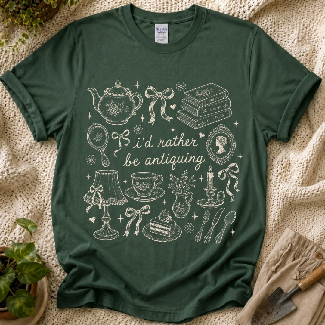I’d Rather Be Antiquing Cottagecore T-Shirt by Zen & Zucchinis Slow Garden Club