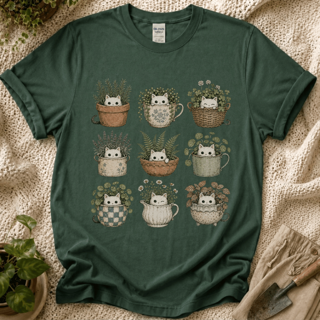 Kitties in Flower Pots T-Shirt by Zen & Zucchinis Slow Garden Club