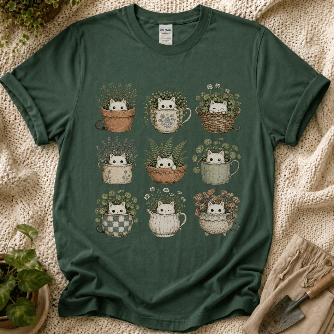 Kitties in Flower Pots T-Shirt by Zen & Zucchinis Slow Garden Club