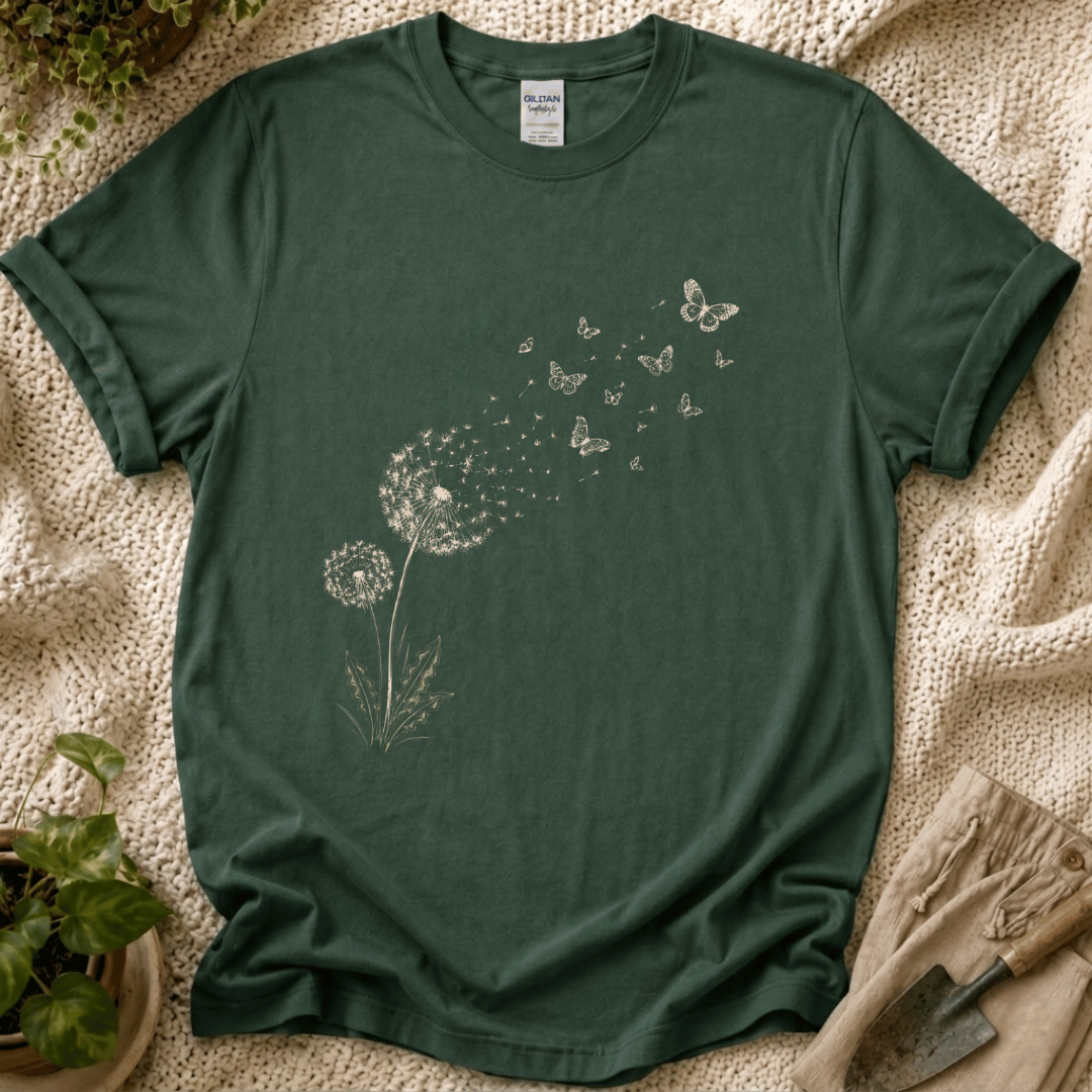 Dandelion Butterfly in the Wind T-Shirt by Zen & Zucchinis Slow Garden Club
