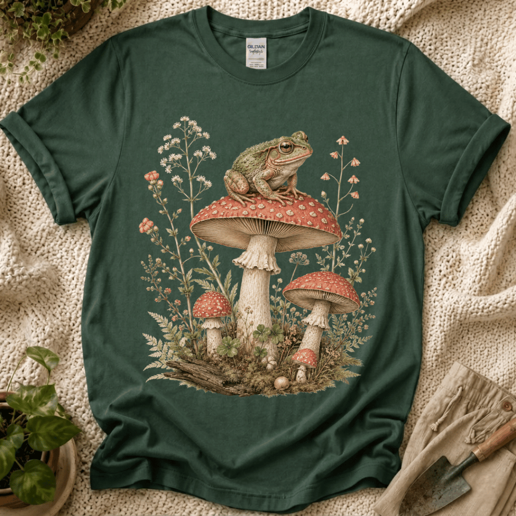 Frog on Mushrooms Cottage Garden T-Shirt