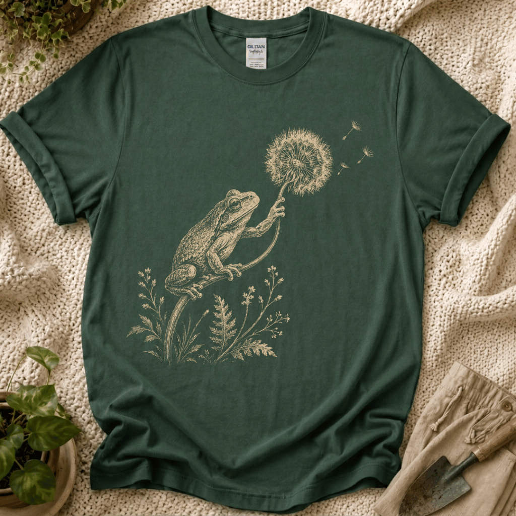 Frog with Dandelion Wish T-Shirt by Zen & Zucchinis Slow Garden Club