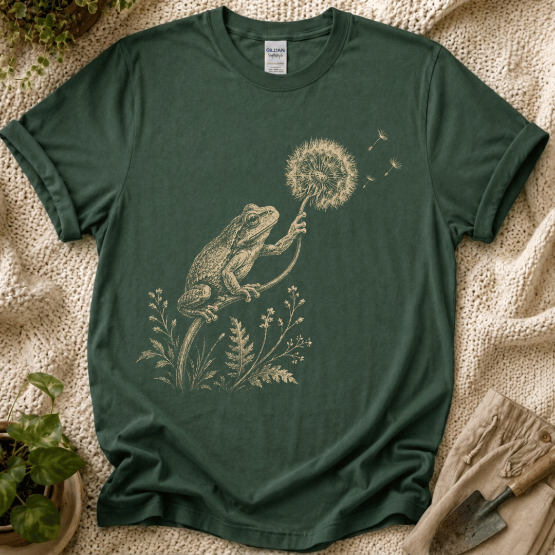 Frog with Dandelion Wish T-Shirt by Zen & Zucchinis Slow Garden Club