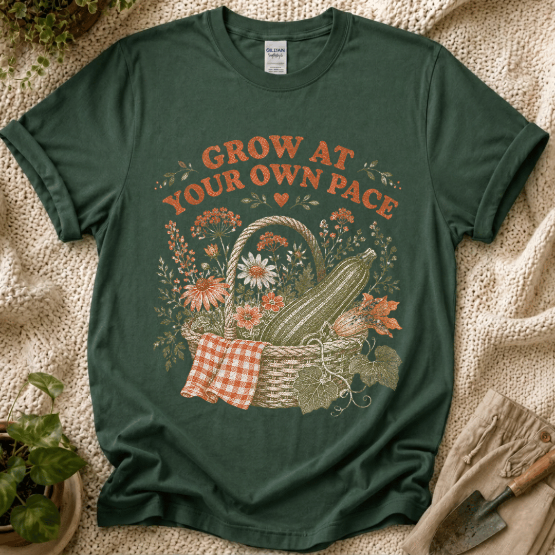 Grow at Your Own Pace Zucchini Basket T-Shirt by Zen & Zucchinis Slow Garden Club