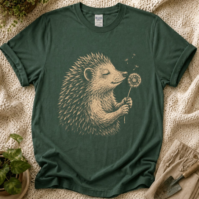 Hedgehog Enjoys Dandelion Spring Garden T-Shirt by Zen & Zucchinis Slow Garden Club