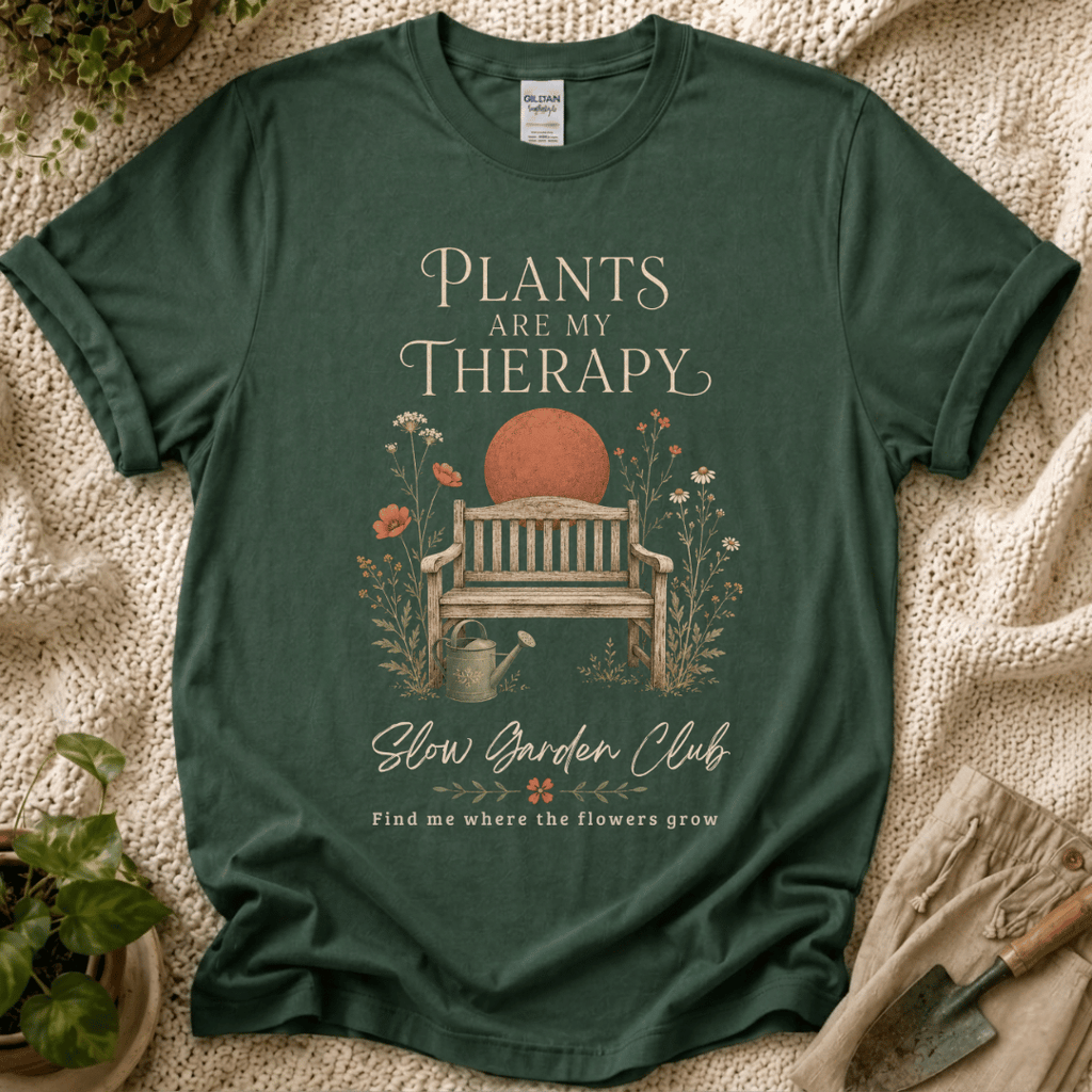 Plants Are My Therapy Garden Bench T-Shirt by Zen & Zucchinis Slow Garden Club