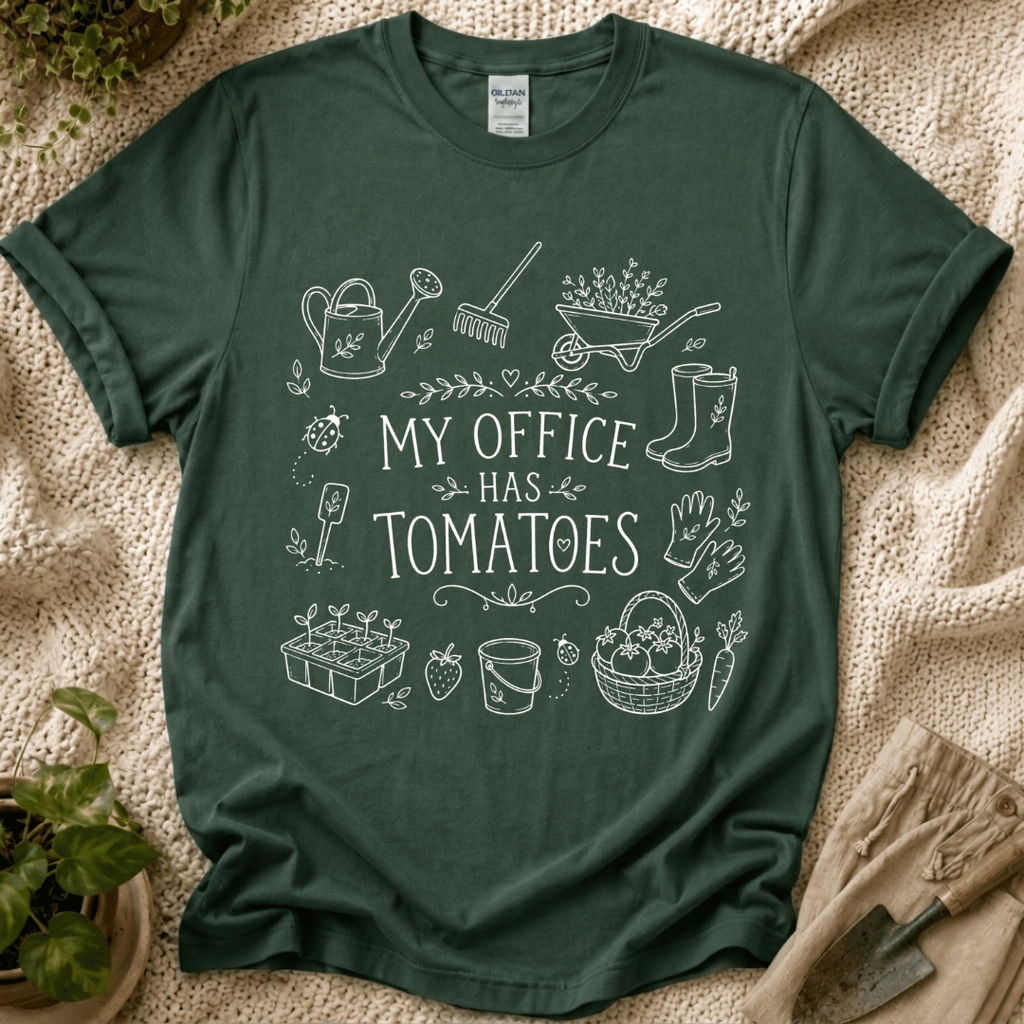 My Office Has Tomatoes Garden Humor T-Shirt by Zen & Zucchinis Slow Garden Club