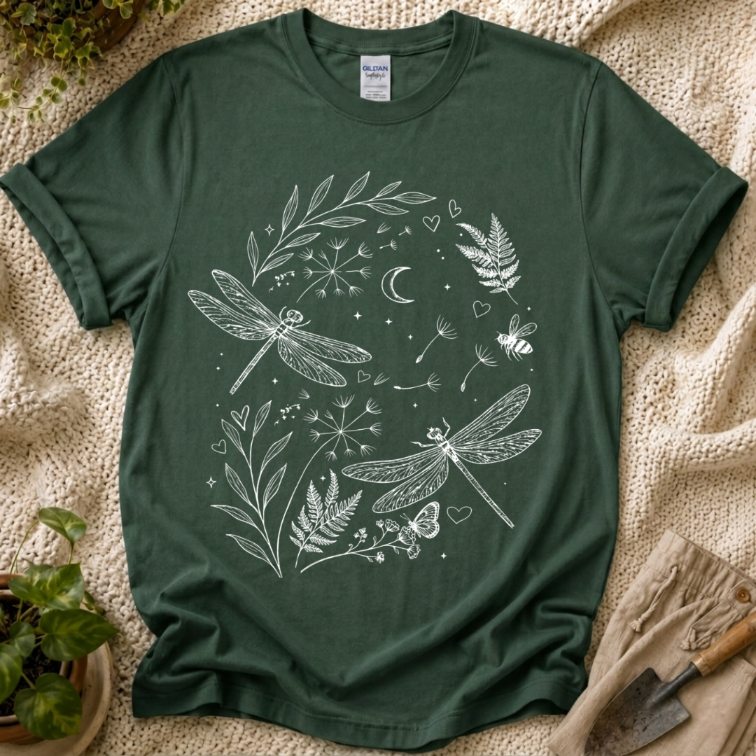 Moonlit Dragonfly Garden T-Shirt by Zen & Zucchinis Slow Garden Club