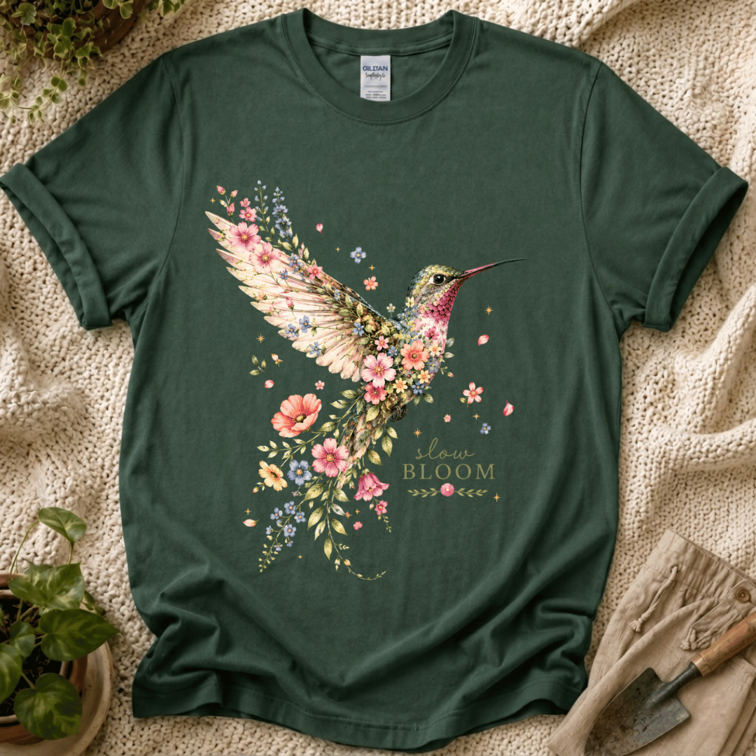 Hummingbird Moment Slow Bloom Garden T-Shirt by Zen & Zucchinis Slow Garden Club