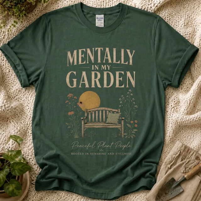 Mentally in My Garden Sunset Garden Bench T-Shirt by Zen & Zucchinis Slow Garden Club