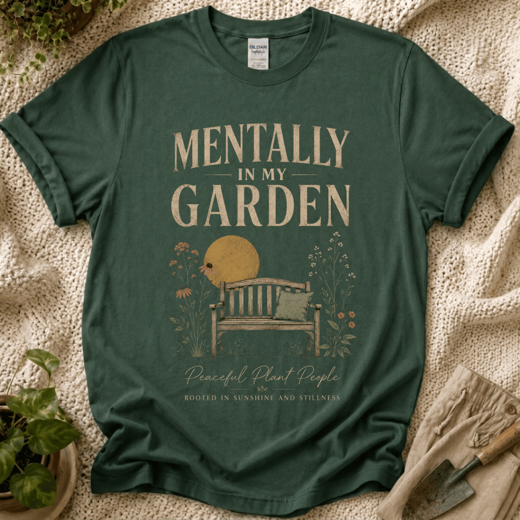 Mentally in My Garden Sunset Garden Bench T-Shirt by Zen & Zucchinis Slow Garden Club