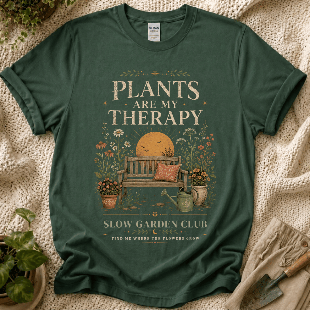 Plants Are My Therapy Sunset T-Shirt by Zen & Zucchinis Slow Garden Club