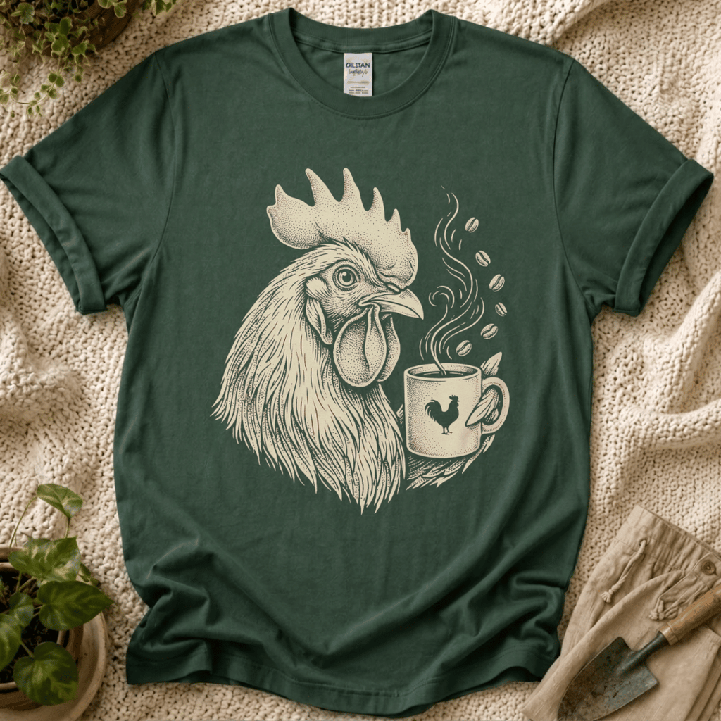 Morning Rooster Coffee Cup T-Shirt by Zen & Zucchinis Slow Garden Club