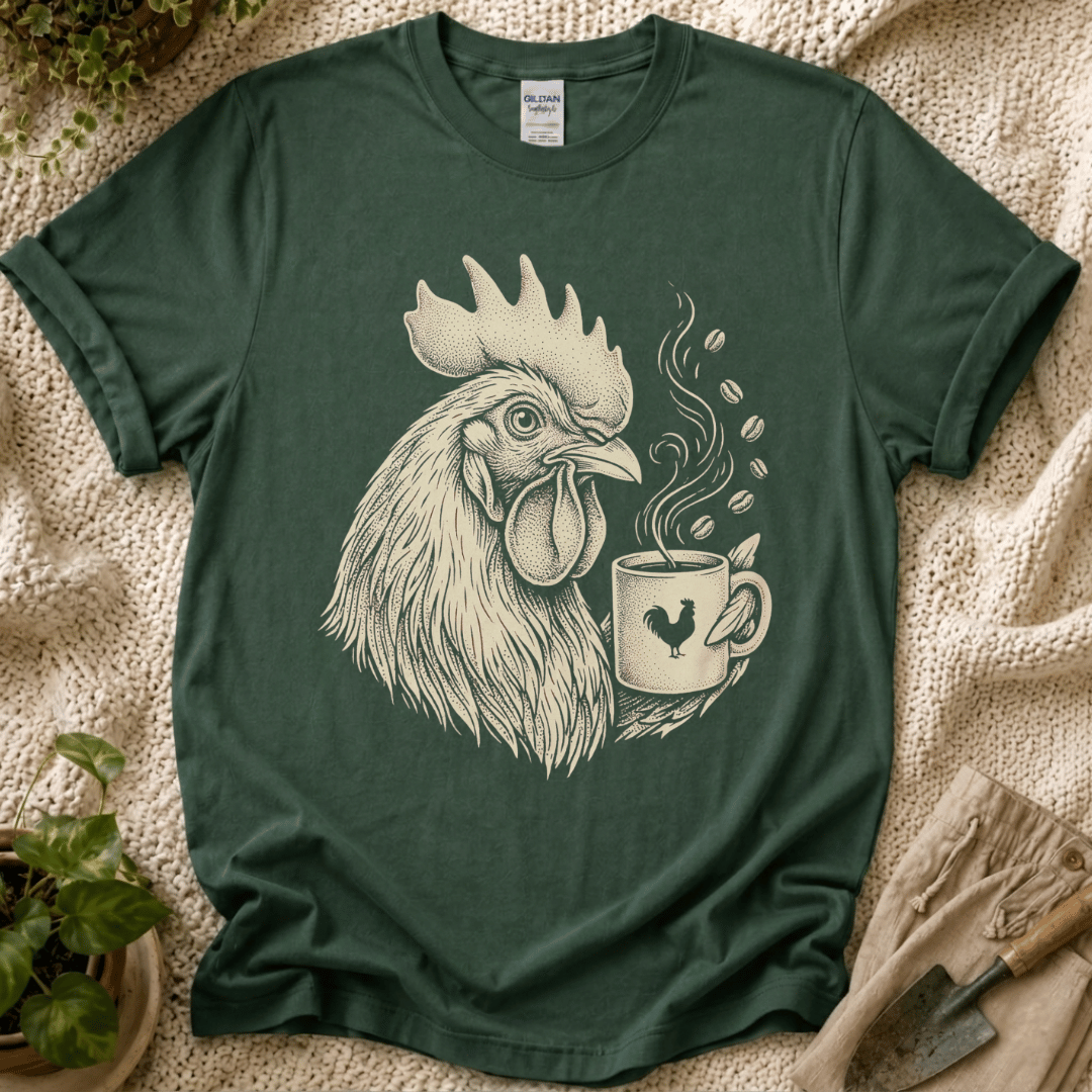 Morning Rooster Coffee Cup T-Shirt by Zen & Zucchinis Slow Garden Club
