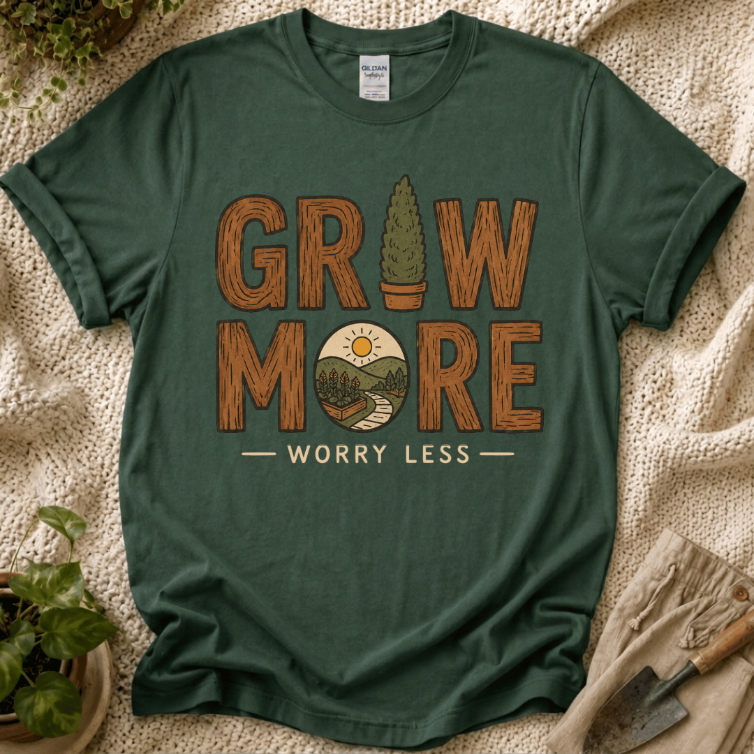 Grow More, Worry Less Garden T-Shirt by Zen & Zucchinis Slow Garden Club