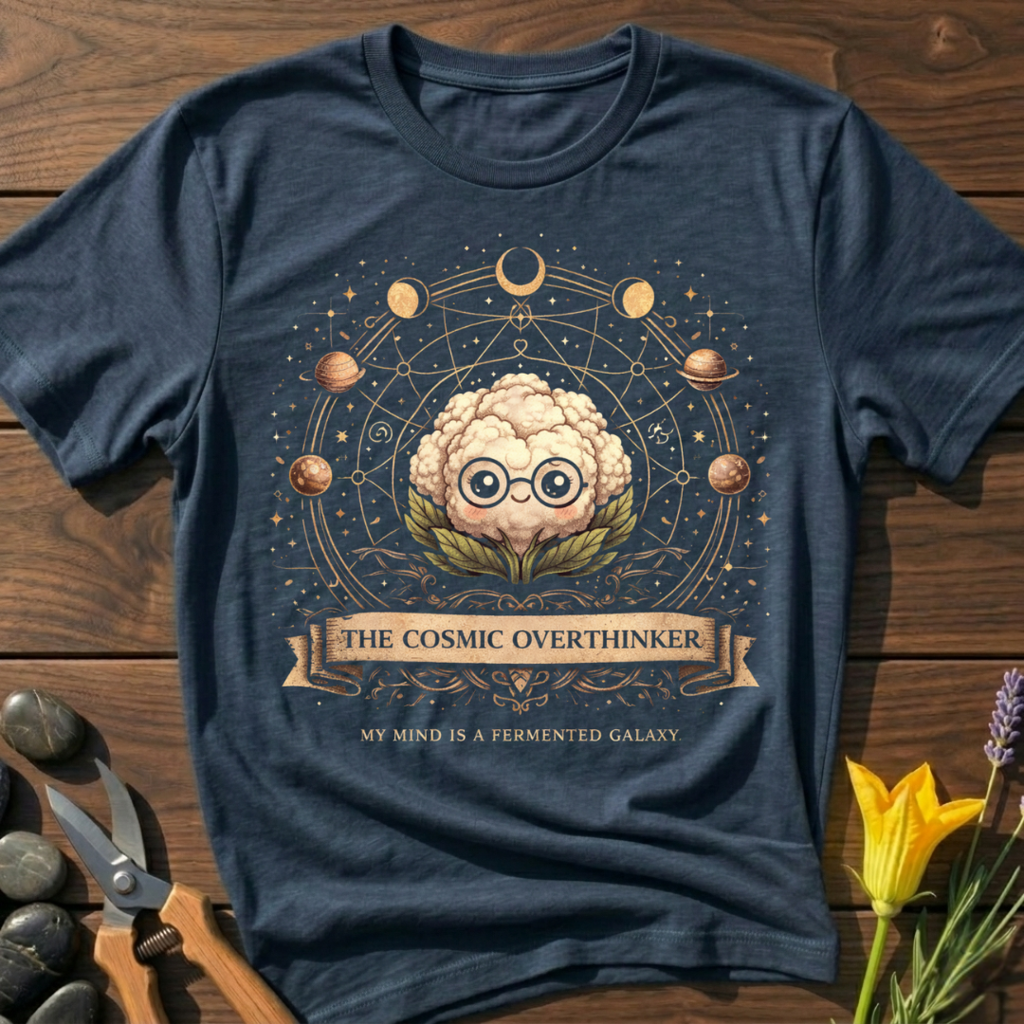 Cosmic Overthinker Cauliflower T-Shirt - botanical nature graphic t-shirt, minimalist design, unisex tee for Nature Lovers, Garnder, Farmer, Plant Lovers