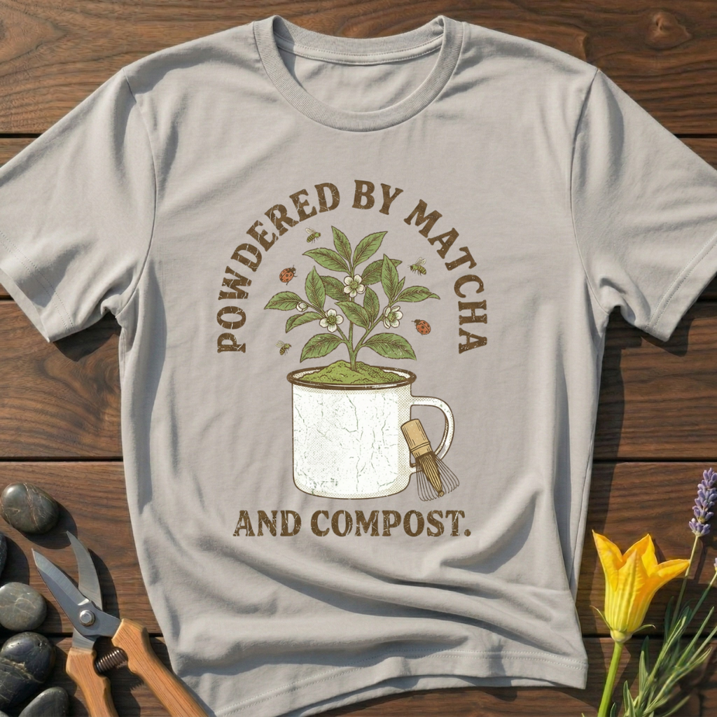 Matcha & Compost - T-Shirt - botanical nature graphic t-shirt, minimalist design, unisex tee for Nature Lovers, Garnder, Farmer, Plant Lovers