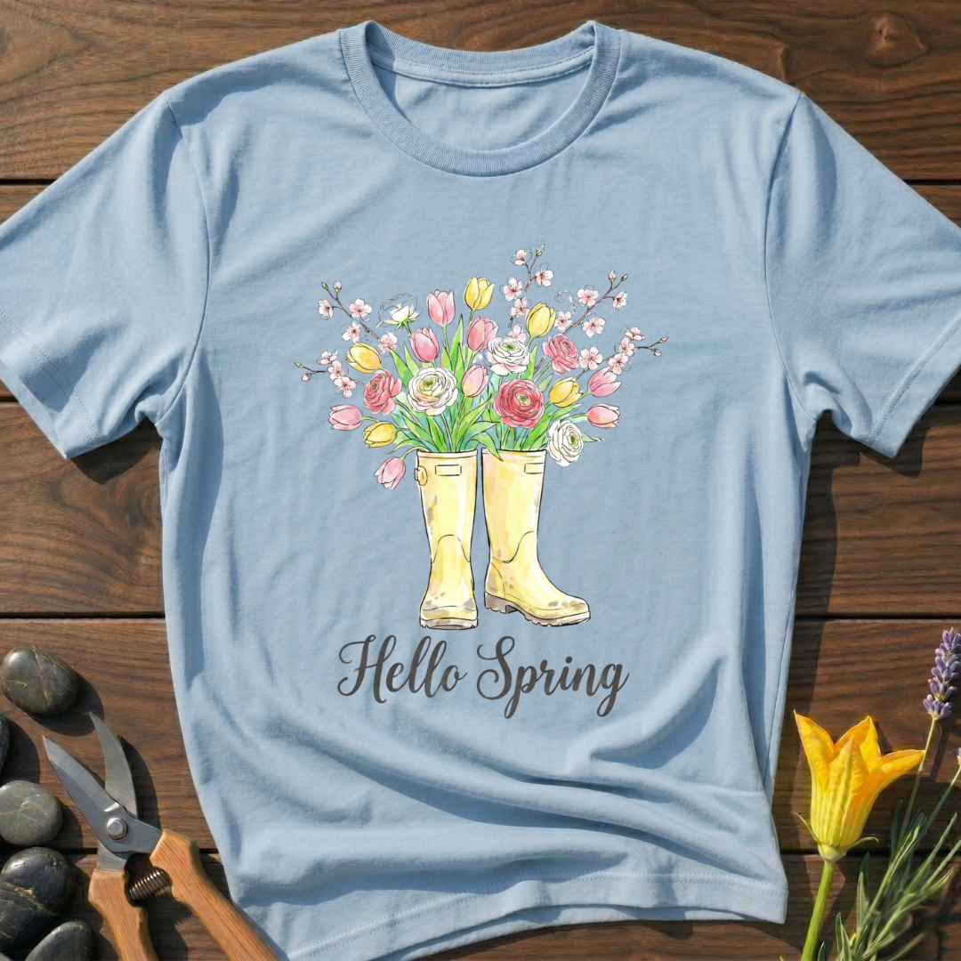Hello Spring T-Shirt - botanical nature graphic t-shirt, minimalist design, unisex tee for Nature Lovers, Garnder, Farmer, Plant Lovers