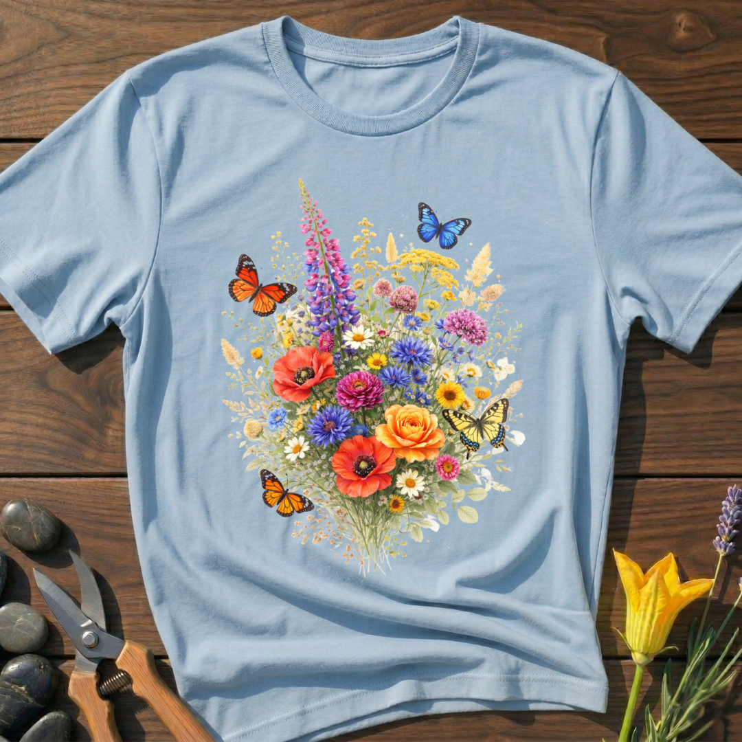 Floral Butterfly Bouquet T-Shirt - botanical nature graphic t-shirt, minimalist design, unisex tee for Nature Lovers, Garnder, Farmer, Plant Lovers