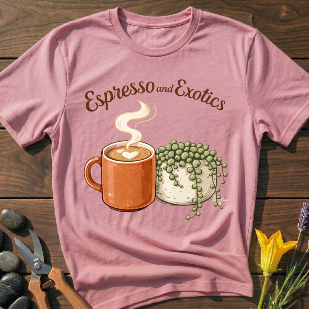 Espresso and Exotics T-Shirt - botanical nature graphic t-shirt, minimalist design, unisex tee for Nature Lovers, Garnder, Farmer, Plant Lovers