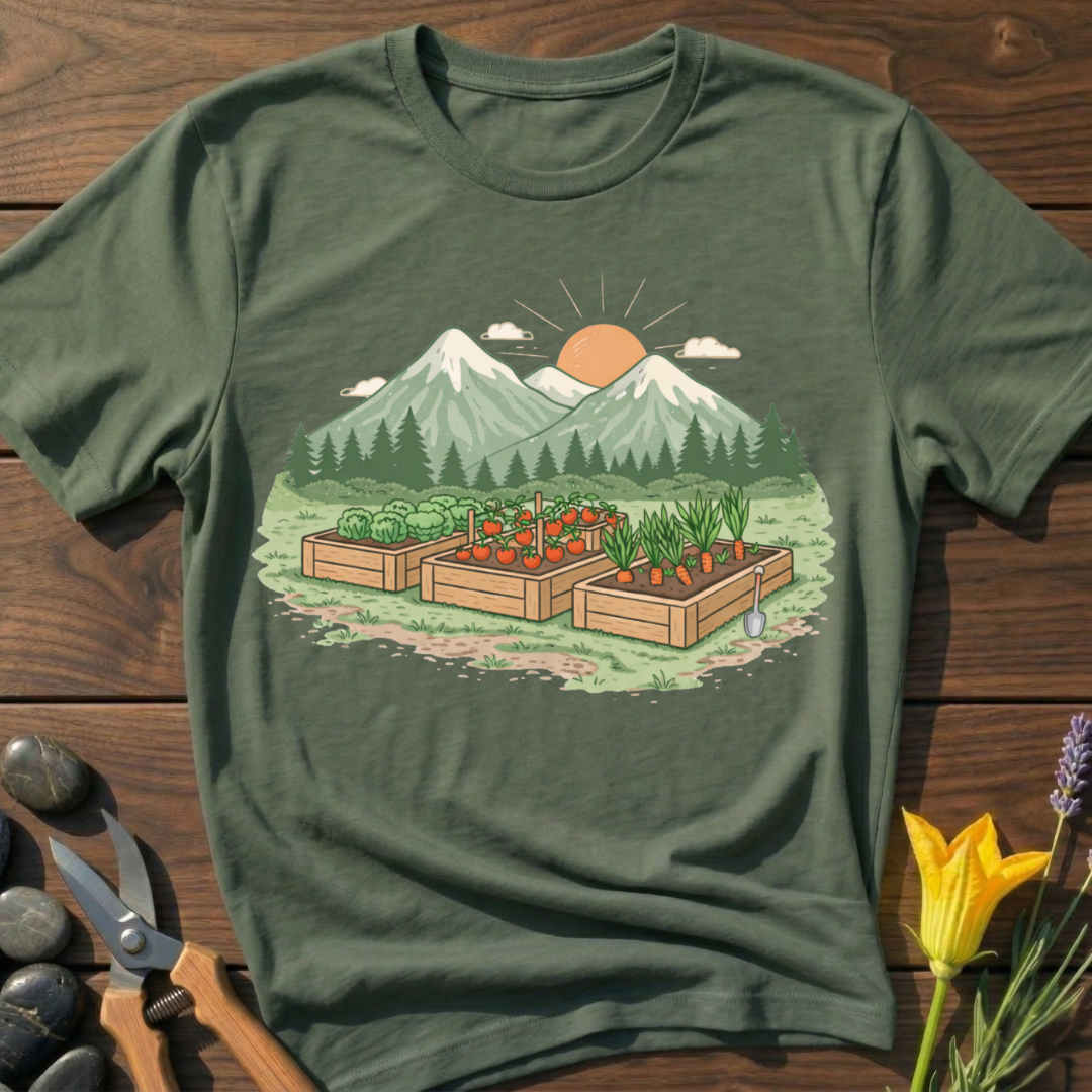 Garden Mountain View T-Shirt - botanical nature graphic t-shirt, minimalist design, unisex tee for Nature Lovers, Garnder, Farmer, Plant Lovers