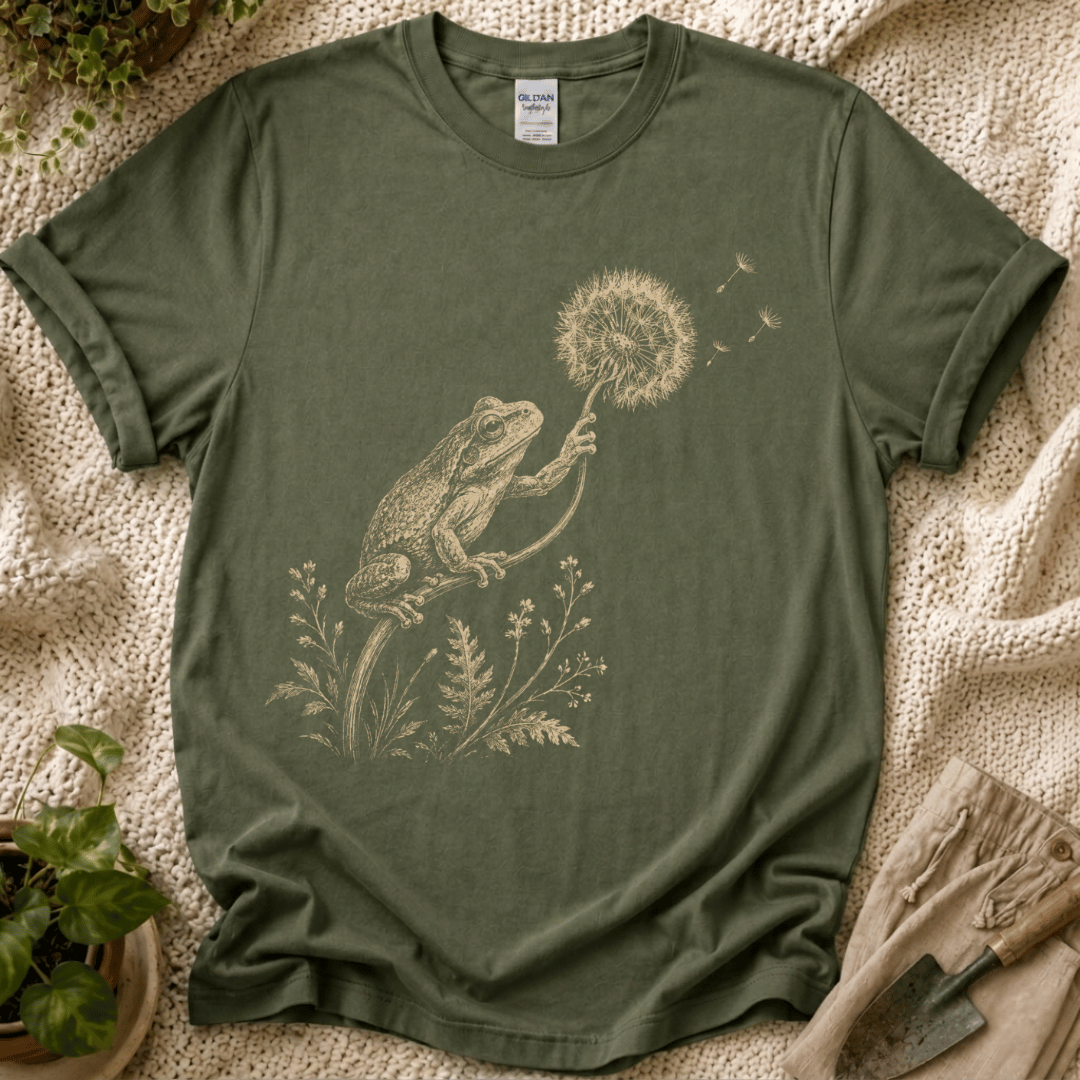 Frog with Dandelion Wish T-Shirt by Zen & Zucchinis Slow Garden Club