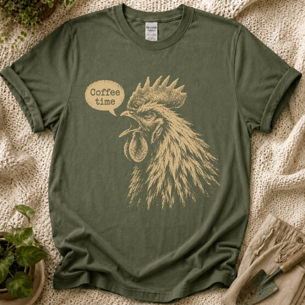 Coffee Time Cottage Garden Rooster T-Shirt by Zen & Zucchinis Slow Garden Club