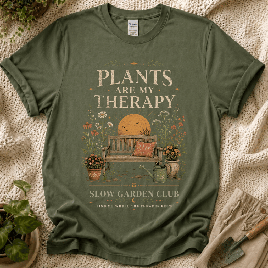 Plants Are My Therapy Sunset T-Shirt by Zen & Zucchinis Slow Garden Club