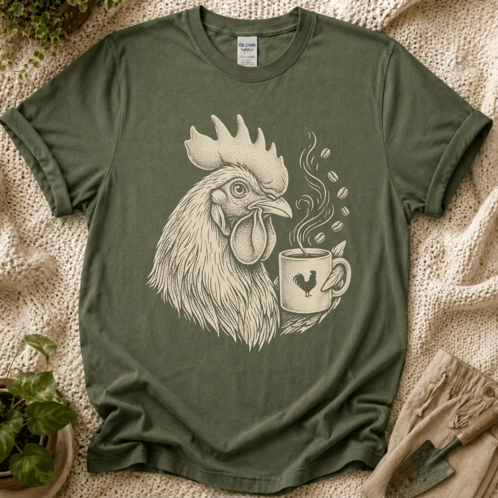 Morning Rooster Coffee Cup T-Shirt by Zen & Zucchinis Slow Garden Club