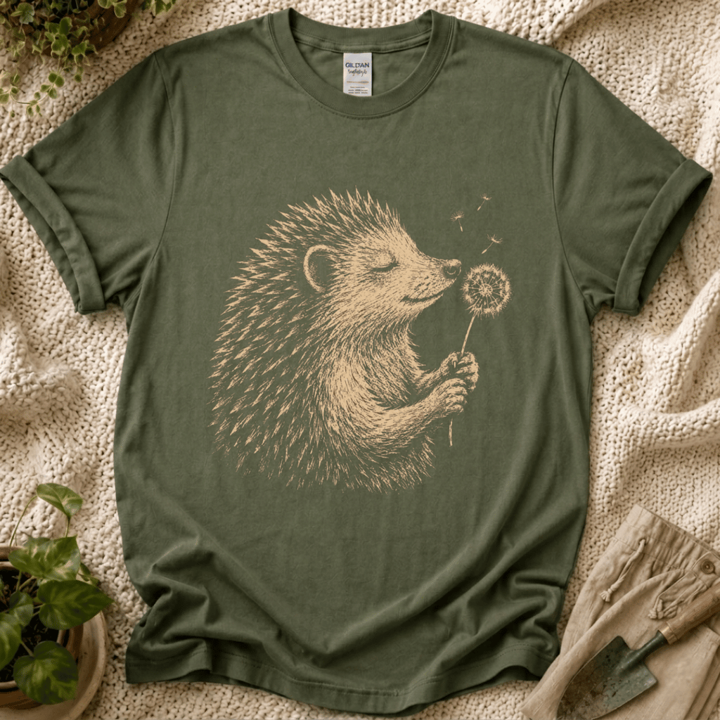 Hedgehog Enjoys Dandelion Spring Garden T-Shirt by Zen & Zucchinis Slow Garden Club