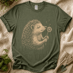 Hedgehog Enjoys Dandelion Spring Garden T-Shirt by Zen & Zucchinis Slow Garden Club
