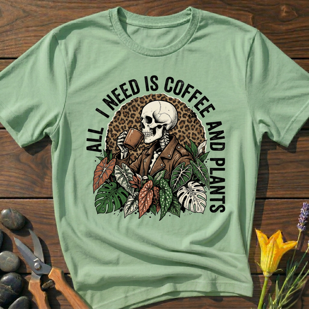 All I Need Is Coffee And Plants - T-Shirt - botanical nature graphic t-shirt, minimalist design, unisex tee for Nature Lovers, Garnder, Farmer, Plant Lovers