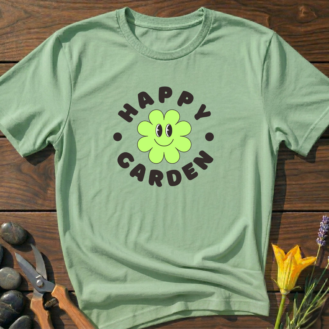 Happy Garden T-Shirt - botanical nature graphic t-shirt, minimalist design, unisex tee for Nature Lovers, Garnder, Farmer, Plant Lovers