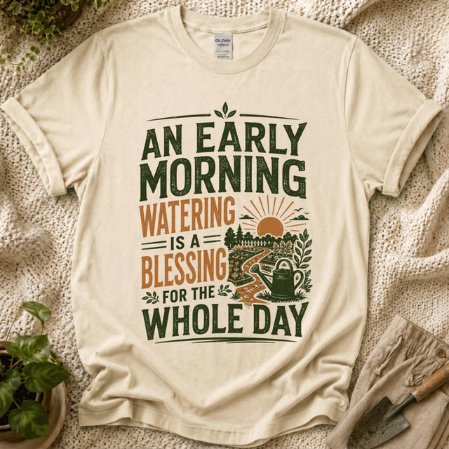 Early Morning Watering Blessing Garden T-Shirt by Zen & Zucchinis Slow Garden Club